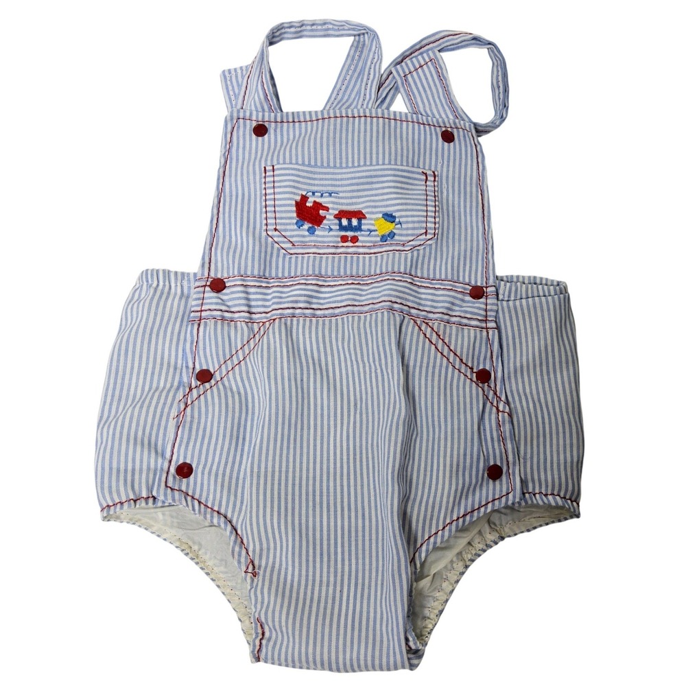 Vintage Seersucker Train Romper‎ Kids 0-3 Months Blue White Striped Shortall